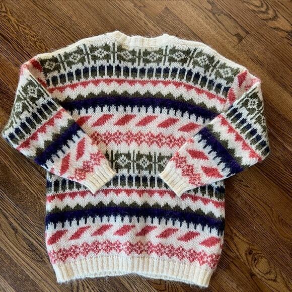 VTG 80s Knit Knit Mohair Sweater Cardigan Womens M Chunky Colorful Geometric - Picture 2 of 7